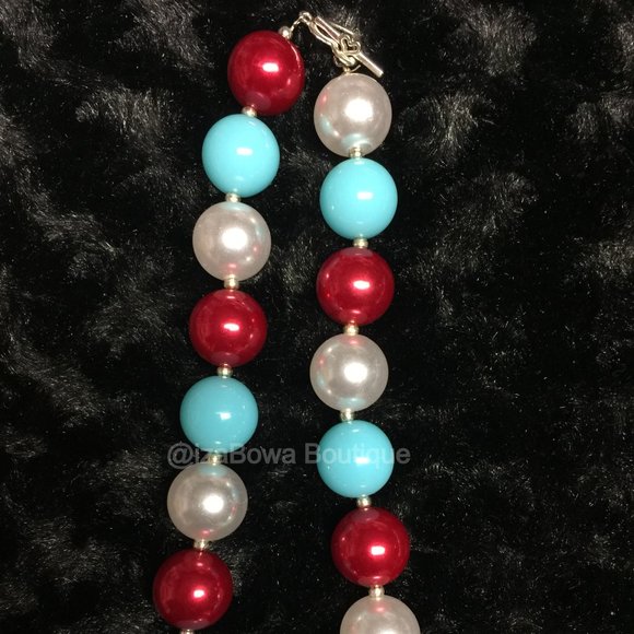 Aqua, Red & Pearl White Chunky Bead Necklace HAND CRAFTED